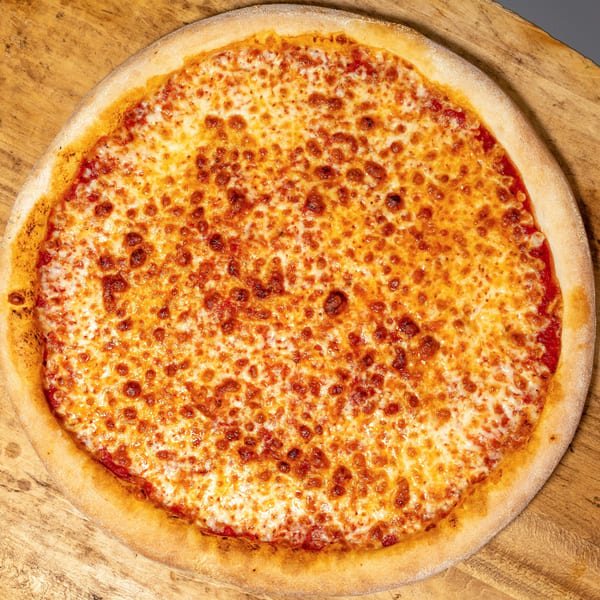 A whole cheese pizza from Uncle Vito's Pizzeria, with melted golden-brown mozzarella and red sauce.