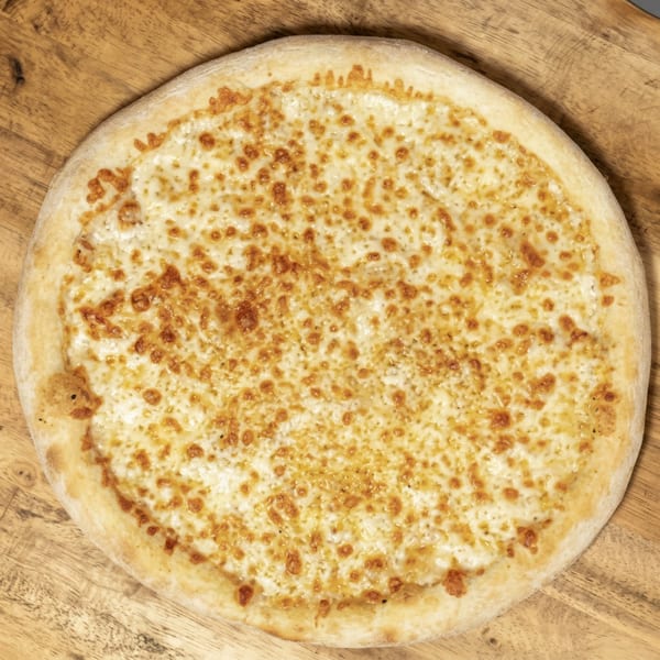 A whole cheese pizza from Uncle Vito's Pizzeria, with a golden-brown crust, on a wooden surface.