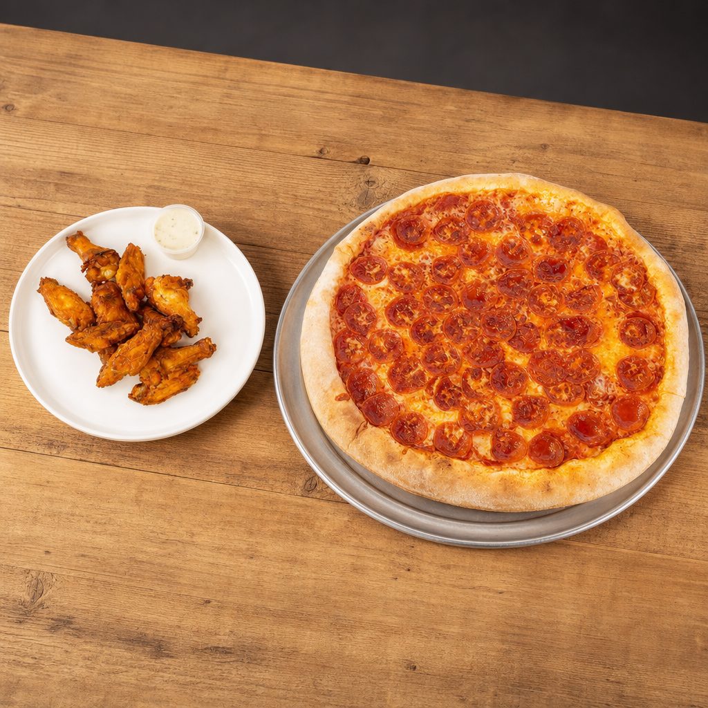 Large one-topping pizza & 10 Oven-baked Chicken Wings.