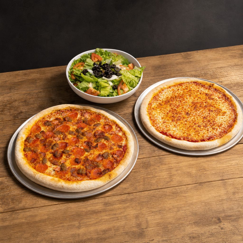 Large Specialty Pizza, Medium cheese pizza, & a large salad.
