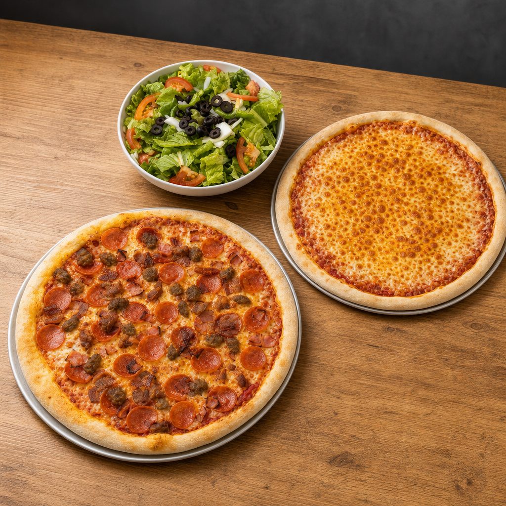 Large specialty pizza & a large salad.