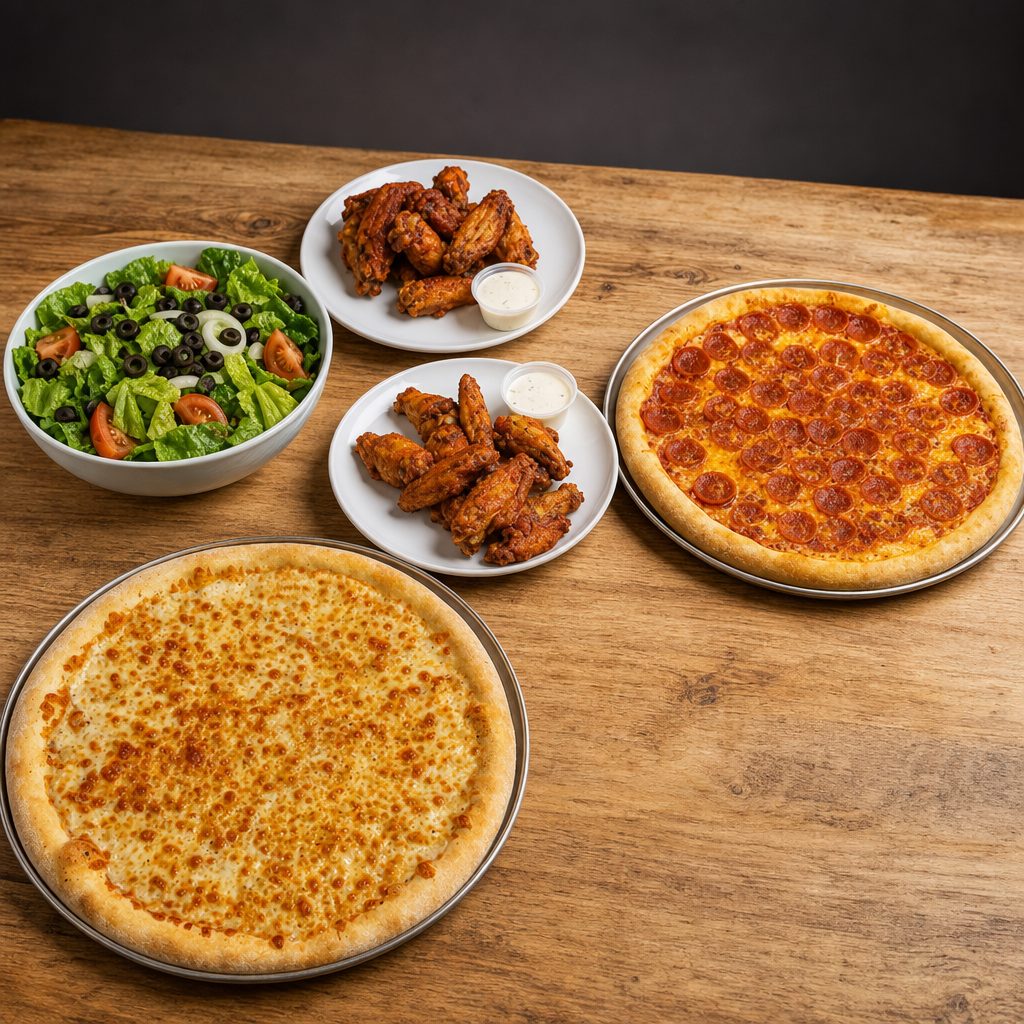 Two Large one topping pizzas, a large salad, & 20 Oven-baked Chicken Wings.