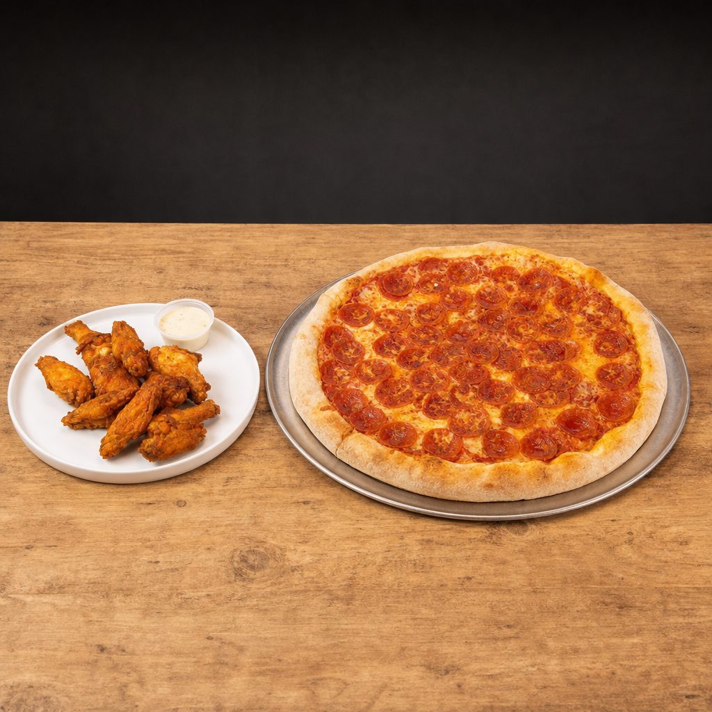 Medium one topping pizza & 10 wings.